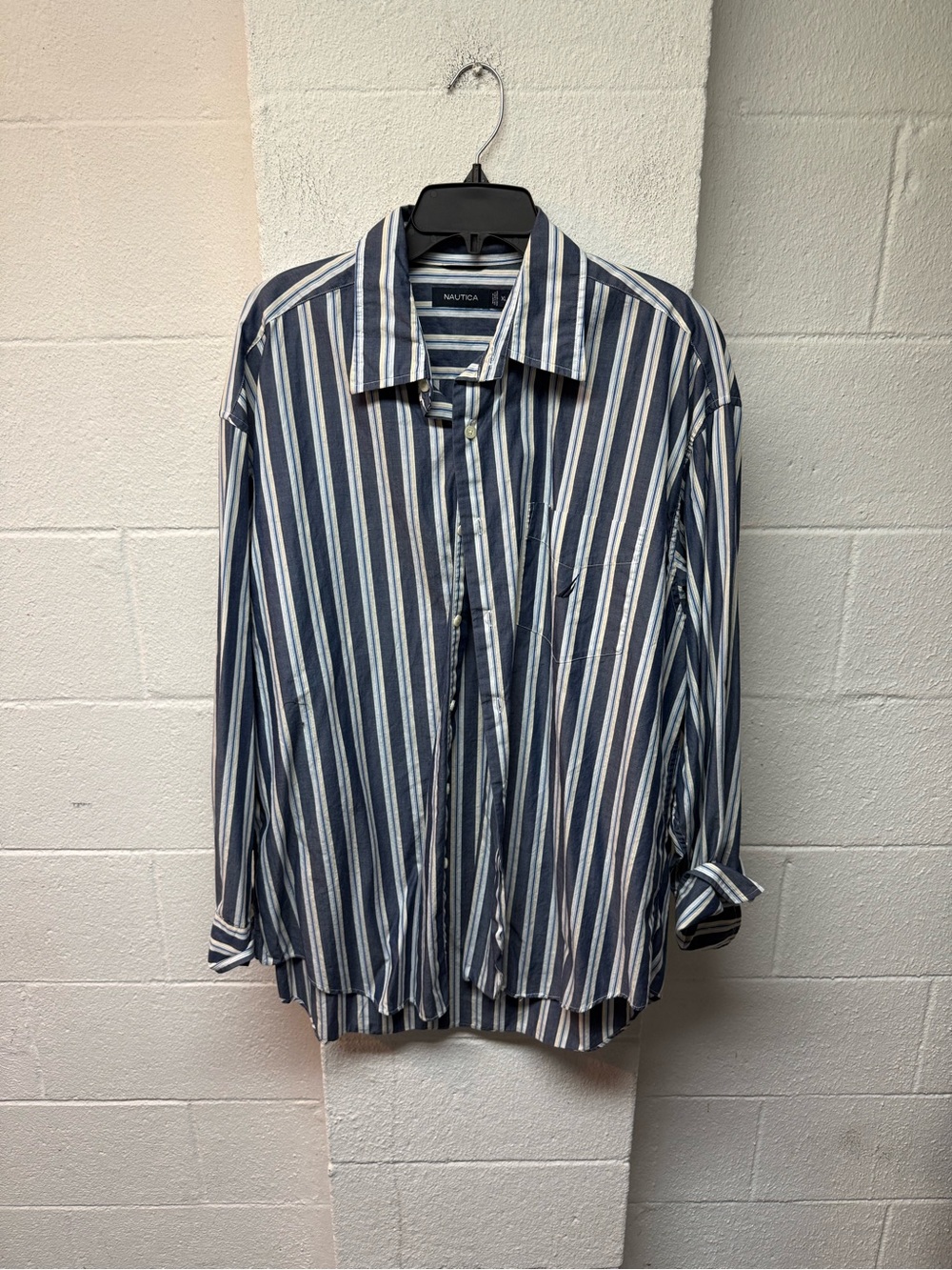 Nautica Navy and White Vertical Stripe Casual Button-Down Shirt